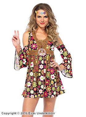 Weibliche Flower-Power-Hippie, Kostüm-Kleid, Schnürung, Fransen, Cold Shoulder